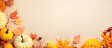 Happy Thanksgiving season celebration traditional pumpkins on decorated pastel table fall leaves background. Halloween decorations wood autumn cozy flat lay, top view, copy space.の素材
