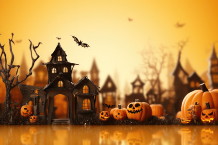 Happy Halloween holiday spooky scary background with decorations pumpkins, Haloween event invitation poster card mysterious orange backdrop, trick or treat fall party. Copy space.の素材