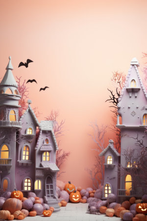 Happy Halloween holiday spooky scary background with decorations pumpkins, Haloween event invitation poster card mysterious pastel backdrop, trick or treat fall party. Copy space.の素材