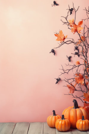Happy Halloween holiday spooky scary background with decorations pumpkins, Haloween event invitation poster card mysterious pastel backdrop, trick or treat fall party. Copy space.の素材