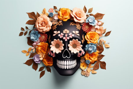 Happy Halloween holiday spooky scary background with decoration skull and flowers, Haloween event invitation poster card backdrop, trick or treat santa muerte fall party. Flat lay.の素材