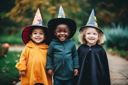 Happy cute girls wearing Halloween witches costumes having fun at Happy Haloween party celebration. Magical holiday funny festive fall night celebration invitation background. Portrait.の素材