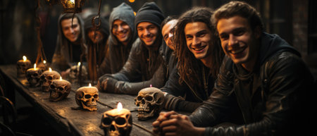 Group of young friends cool people guys dressed in creative Halloween magic scary spooky costumes having fun at october Happy Haloween night club party celebration event, men portraits.の素材