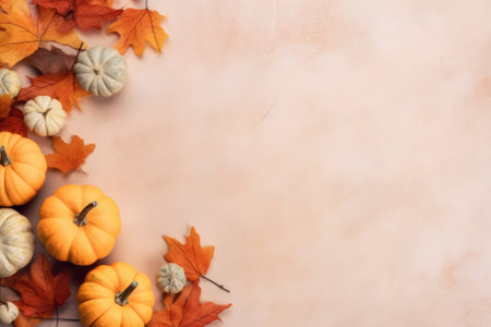 Happy Thanksgiving season celebration traditional pumpkins on decorated pastel table fall leaves background. Halloween decorations wood autumn cozy flat lay, top view, copy space.の素材