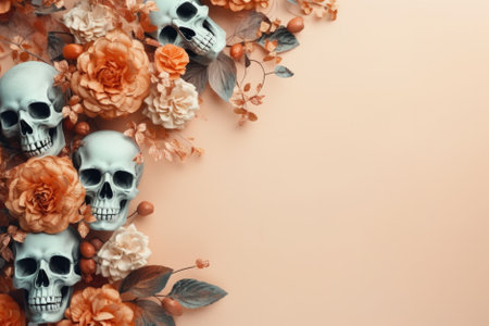 Happy Halloween holiday spooky scary background with decoration skull and flowers, Haloween event invitation poster card backdrop, trick or treat santa muerte fall party. Flat lay.の素材