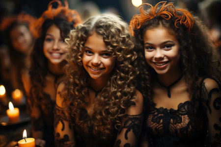 Happy cute girls wearing Halloween witches costumes having fun at Happy Haloween party celebration. Magical holiday funny festive fall night celebration invitation background. Portrait.の素材