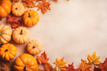 Happy Thanksgiving season celebration traditional pumpkins on decorated table fall autumn leaves background. Halloween decorations autumn cozy backdrop, mock up, copy space.の素材