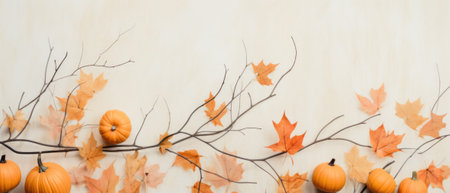Happy Thanksgiving season celebration traditional pumpkins on decorated pastel table fall leaves background. Halloween decorations wood autumn cozy flat lay, top view, copy space.の素材