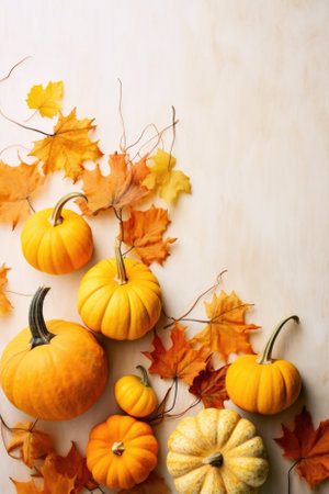 Happy Thanksgiving season celebration traditional pumpkins on decorated pastel table fall leaves background. Halloween decorations wood autumn cozy flat lay, top view, copy space.の素材