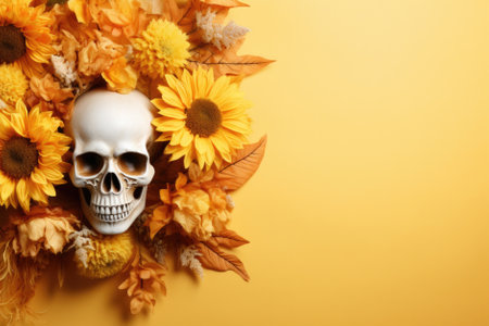 Happy Halloween holiday spooky scary background with decoration skull and flowers, Haloween event invitation poster card backdrop, trick or treat santa muerte fall party. Flat lay.の素材