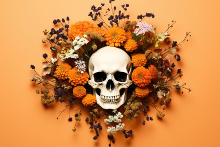 Happy Halloween holiday spooky scary background with decoration skull and flowers, Haloween event invitation poster card backdrop, trick or treat santa muerte fall party. Flat lay.の素材