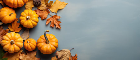 Happy Thanksgiving season celebration traditional pumpkins on decorated pastel table fall leaves background. Halloween decorations wood autumn cozy flat lay, top view, copy space.の素材