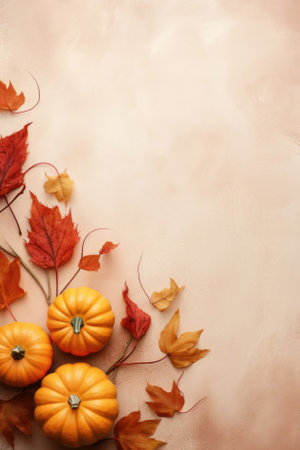 Happy Thanksgiving season celebration traditional pumpkins on decorated pastel table fall leaves background. Halloween decorations wood autumn cozy flat lay, top view, copy space.の素材