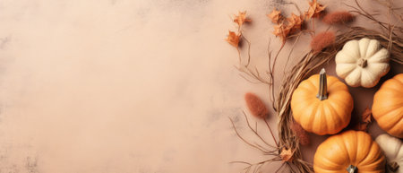 Happy Thanksgiving season celebration traditional pumpkins on decorated pastel table fall leaves background. Halloween decorations wood autumn cozy flat lay, top view, copy space.の素材