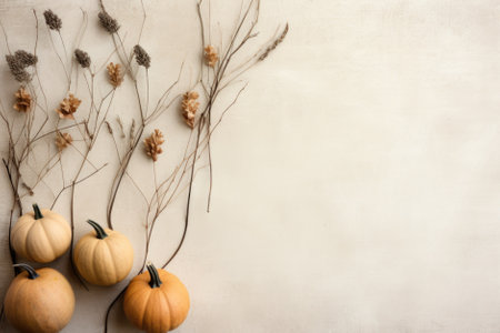 Happy Thanksgiving season celebration traditional pumpkins on decorated pastel table fall leaves background. Halloween decorations wood autumn cozy flat lay, top view, copy space.の素材