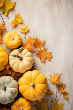 Happy Thanksgiving season celebration traditional pumpkins on decorated pastel table fall leaves background. Halloween decorations wood autumn cozy flat lay, top view, copy space.の素材