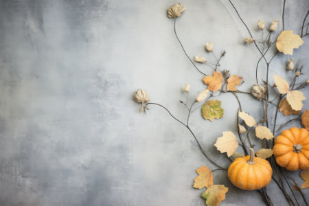 Happy Thanksgiving season celebration traditional pumpkins on decorated pastel table fall leaves background. Halloween decorations wood autumn cozy flat lay, top view, copy space.の素材