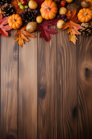 Happy Thanksgiving season celebration traditional pumpkins on decorated wooden table fall leaves background. Halloween decorations wood autumn cozy flat lay, top view, copy space.の素材