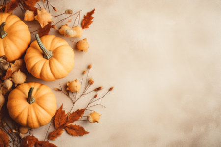 Happy Thanksgiving season celebration traditional pumpkins on decorated pastel table fall leaves background. Halloween decorations wood autumn cozy flat lay, top view, copy space.の素材