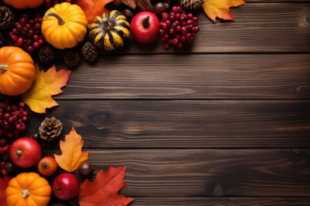 Happy Thanksgiving season celebration traditional pumpkins on decorated wooden table fall leaves background. Halloween decorations wood autumn cozy flat lay, top view, copy space.の素材