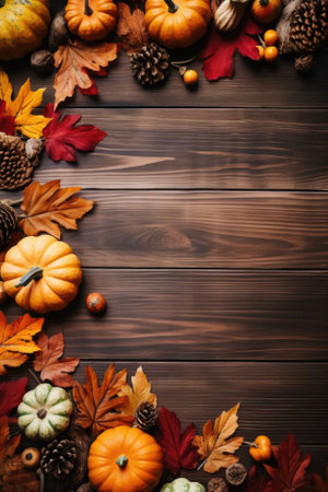 Happy Thanksgiving season celebration traditional pumpkins on decorated wooden table fall leaves background. Halloween decorations wood autumn cozy flat lay, top view, copy space.の素材
