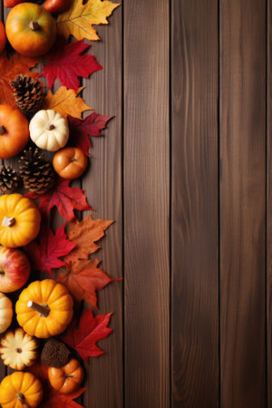 Happy Thanksgiving season celebration traditional pumpkins on decorated wooden table fall leaves background. Halloween decorations wood autumn cozy flat lay, top view, copy space.の素材