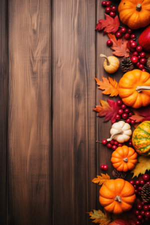 Happy Thanksgiving season celebration traditional pumpkins on decorated wooden table fall leaves background. Halloween decorations wood autumn cozy flat lay, top view, copy space.の素材