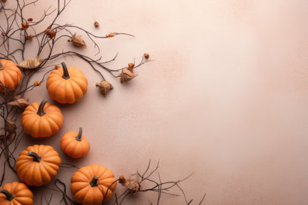 Happy Thanksgiving season celebration traditional pumpkins on decorated pastel table fall leaves background. Halloween decorations wood autumn cozy flat lay, top view, copy space.の素材