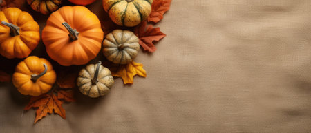 Happy Thanksgiving season celebration traditional pumpkins on decorated table fall autumn leaves background. Halloween decorations autumn cozy backdrop, mock up, copy space.の素材