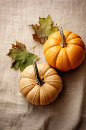Happy Thanksgiving season celebration traditional pumpkins on decorated pastel table fall leaves background. Halloween decorations wood autumn cozy flat lay, top view, copy space.の素材