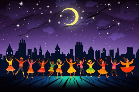 Magic enchanted cute cartoon magic witches wearing hats in Happy Halloween spooky scary fantasy fall scene party night background. Haloween party invitation backdrop.の素材