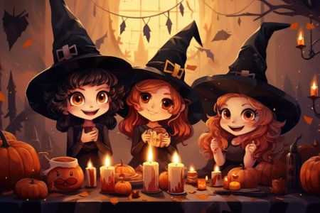 Magic enchanted cute cartoon magic witches wearing hats in Happy Halloween spooky scary fantasy fall scene party night background. Haloween party invitation backdrop.の素材