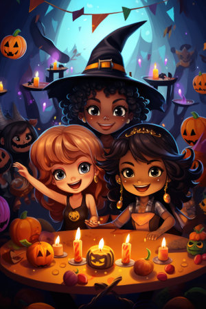 Magic enchanted cute cartoon magic witches wearing hats in Happy Halloween spooky scary fantasy fall scene party night background. Haloween party invitation backdrop.の素材