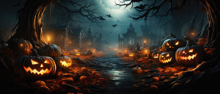 Halloween spooky background, scary jack o lantern pumpkins in creepy dark forest with bats, spooky trees, moon and old house Happy Haloween ghosts horror gothic mysterious night moonlight backdrop.の素材