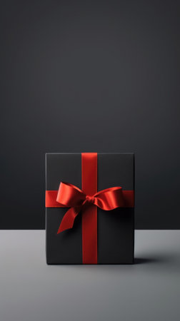 Gift box with red ribbon and bow on black background. sale render.の素材