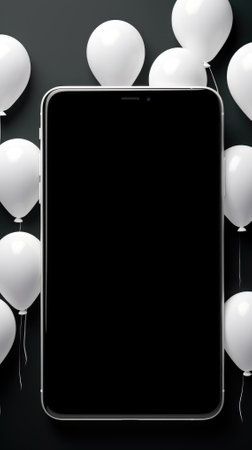 Tablet computer with blank balloons on a grey background.の素材