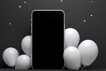 White smartphone with balloons. black friday. shopping.の素材
