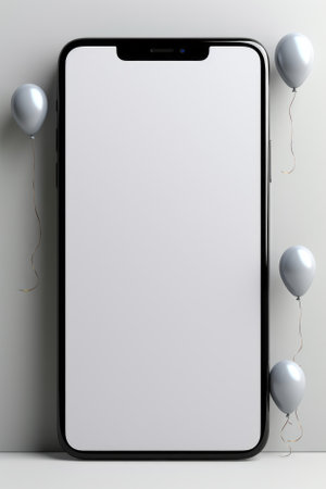 Blank tablet screen mockup with balloons and blank frame on grey background. shopping.の素材
