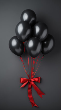 Black birthday balloons with ribbon on grey background. sale.の素材