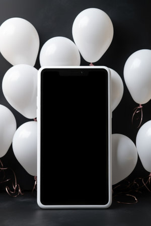 Blank tablet pc with balloons on table.の素材