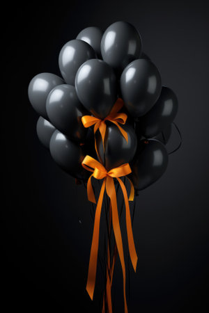 Black balloons with ribbon isolated on black background. shopping.の素材