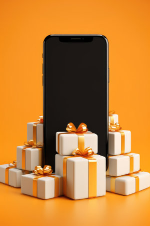 Smartphone with christmas gifts on orange background. shopping.の素材