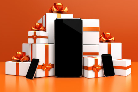 shopping of black mobile phones and gift boxes.の素材