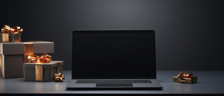 sale christmas gift boxes on laptop with black screen.の素材