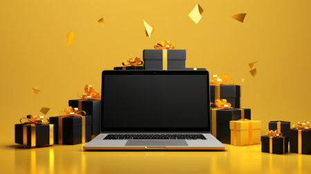 Laptop computer and gift boxes on golden background. shopping.の素材