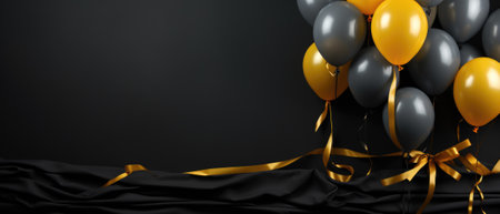 Black and gold balloons on black background with space for your text.の素材