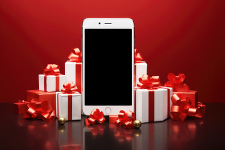 Mobile phone with gift boxes on a red background. Christmas xmas sale shopping app.の素材