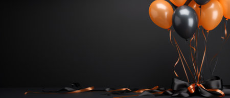 Balloons with ribbon and party balloons on dark background, banner.の素材
