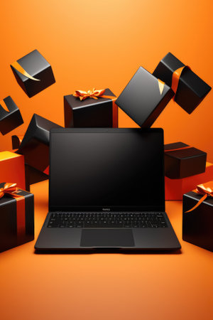 Laptop, gift box and gift boxes.の素材