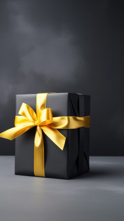 Gift box with golden ribbon on black background. shopping.の素材